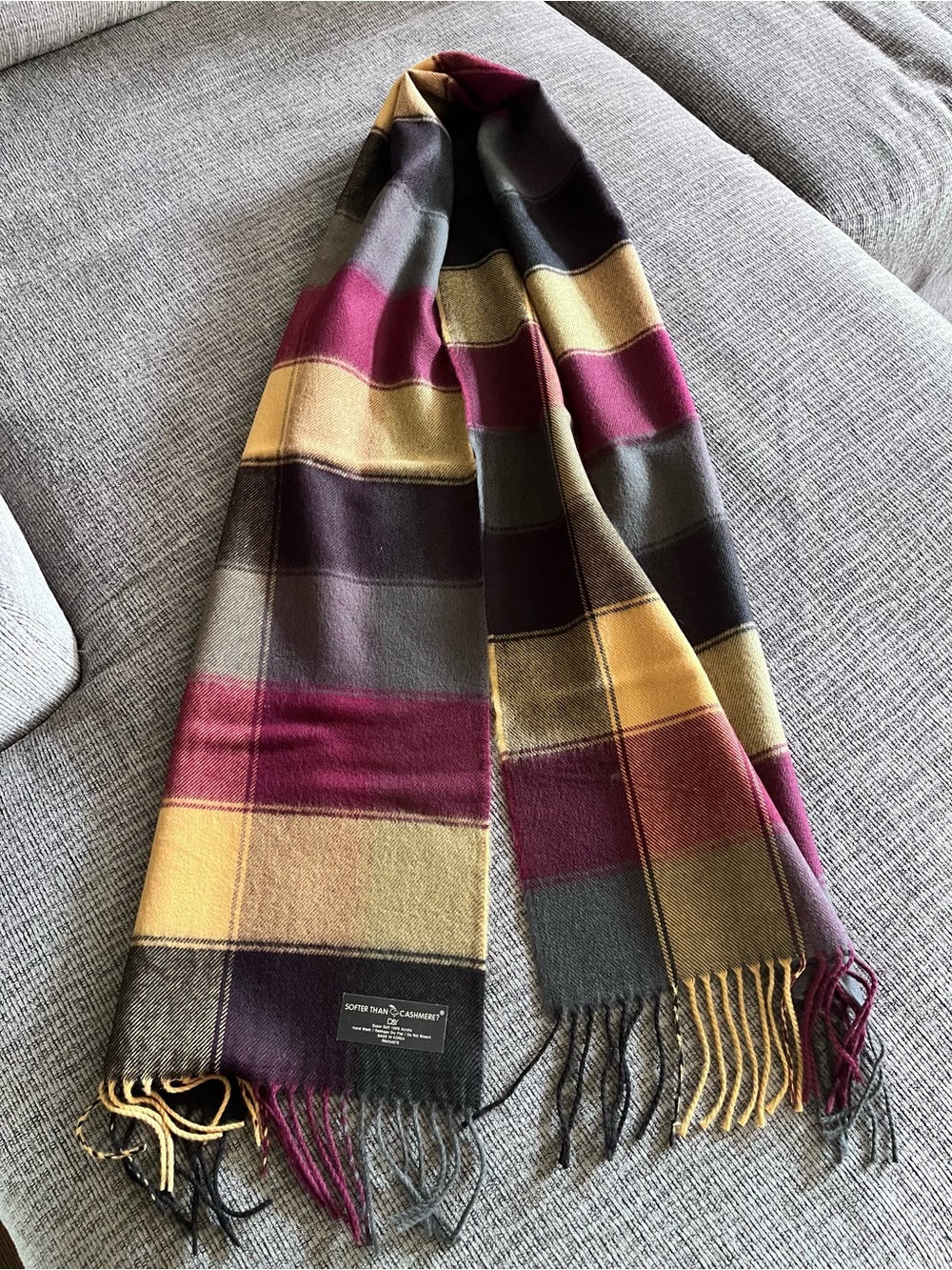 Plaid Acrylic Blend Scarf in Camel, Gray & Burgundy and Black.